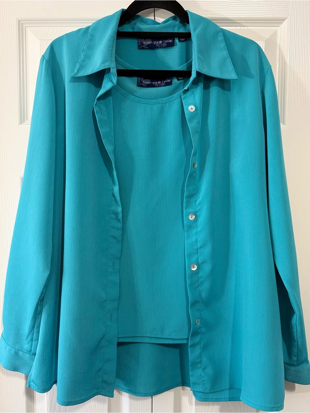 Susan Graver 2 Piece Aqua Textured Blouse Set Medium